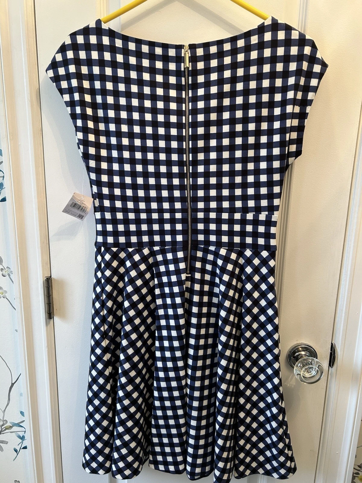 Abito donna Kate Spade Fiorella aderente e svasato taglia media tasche gingham nuovo con etichette