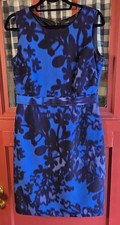 Tahari Women's Classic Career Blue Floral Sleeveless Midi Dress Rear Zip Size 8
