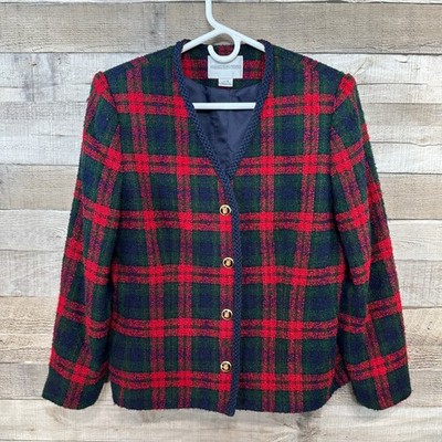 Amanda Smith Petites Womens Plaid Blazer  Red Green Navy Gold Button Petite 12