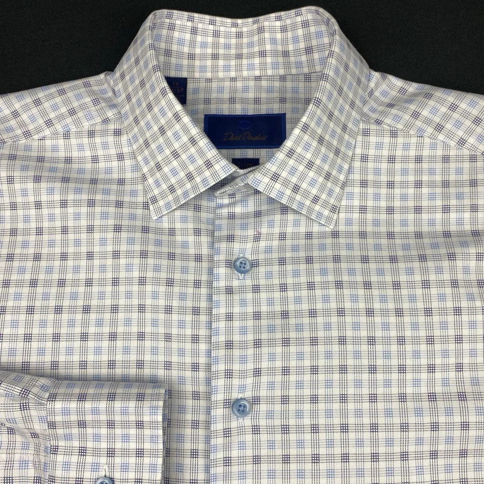 Camisa de vestir David Donahue para hombre 17-36/37 azul cuadrado ajuste mangas largas Foto 2 de 4