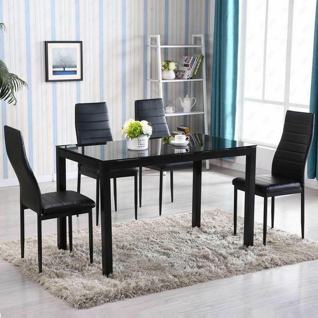 7 Piece Dining Table Set 6 Chairs Clear Glass Metal Kitchen Room