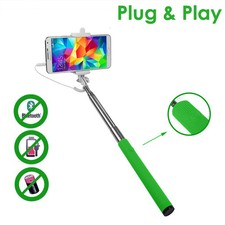 Green Extendable Wired Selfie Stick Built-in Shutter Battery Free - iPhone 7 etc