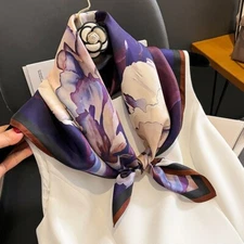 100% Silk 27" Square Scarf Women Neckerchief Bandana Purple Floral Pattern Peony