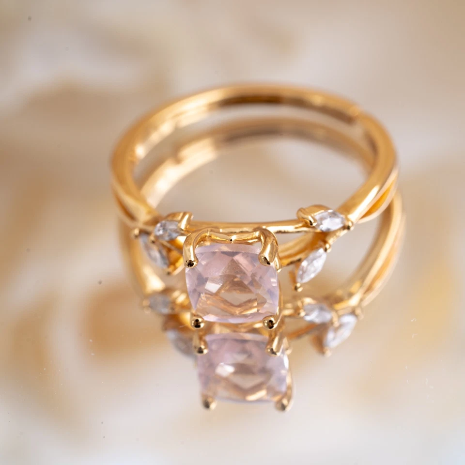 Delicado anillo de cristal rosa con flor de cuarzo rosa plata esterlina oro vermeil joyería Foto 2 de 4