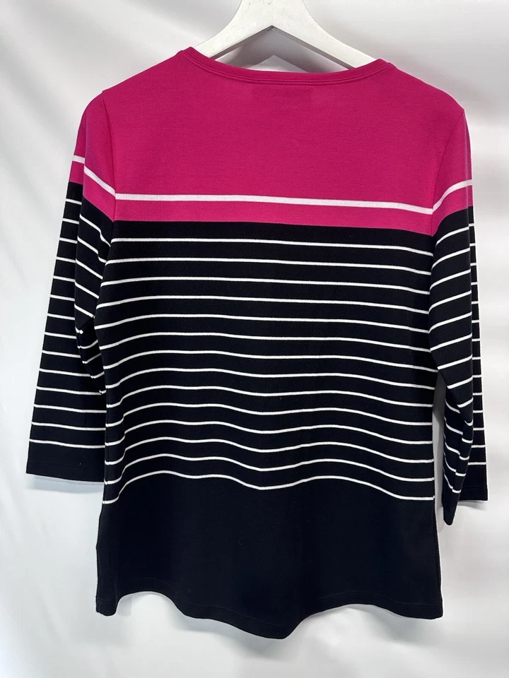 Karen Scott Sport Black Pink White Striped Knit Top Blouse 3/4 Sleeve S - Image 2 of 4