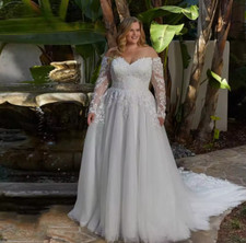 Princess Plus Size White A-line Wedding Dresses Off Shoulder Long Sleeves