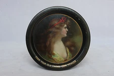 VINTAGE PORTRAIT CON YEAGER ADVERTISING TIN TIP TRAY WOMAN BEAUTY COSHOCTON OHIO