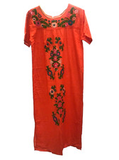 Hand Embroidered Dress, Mexican Style Long Dress, Orange Cotton Oaxacan Dress