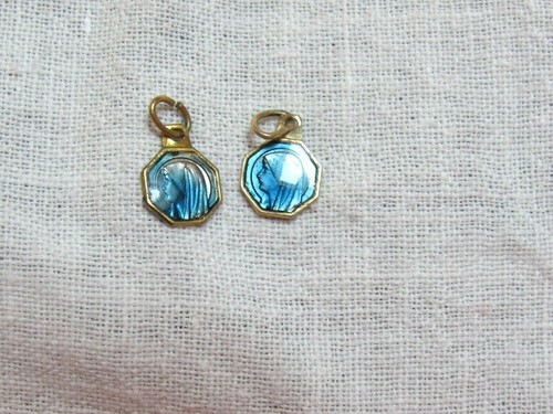 Pair Tiny 5/16" Lady of Lourdes Blue Enameled Medals Octagon 2-Sided - Picture 2 of 2