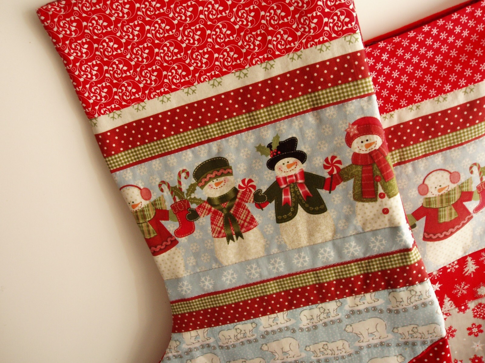 2 homemade large patchwork + quilted Christmas stockingssnowmennew eBay