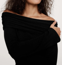 NWT Banana Republic RT 100 Black Luxe Wool-Blend Jersey Knit Off-Shoulder Top L