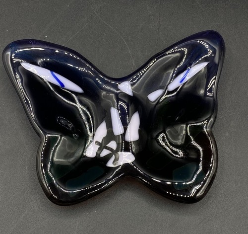 Fused Art Glass Butterfly Dark Blue Signed Trinket Dish Sharon Reed 2006 - Picture 7 of 9