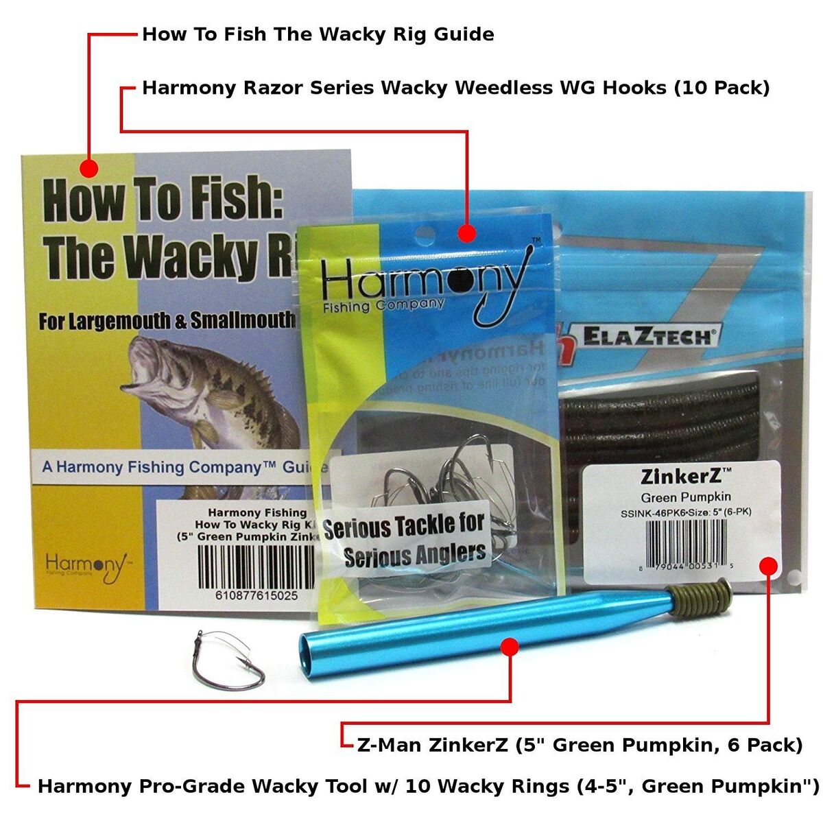 Wacky Rig Kit - Z-Man ZinkerZ 6pk + Wacky Weedless Hooks 10pk + Wacky Tool w/10 Wacky Rings + How to Fish The Wacky Worm Guide (Green Pumpkin)