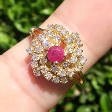 14k Solid Yellow Gold Natural Ruby and Diamond Cluster Ring Size 7