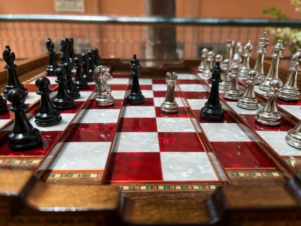 Luxury Handmade Wooden Chess Set with Drawer | Metal Chess Pieces | 13"x13" - Image 3 of 4