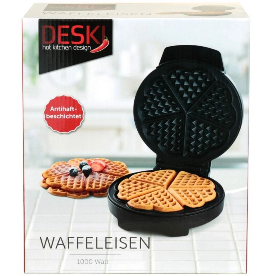 DESKI Waffeleisen 1000Watt Waffelmaker Herzform Waffeln Waffelautomat Cool Touch - Bild 2 von 4