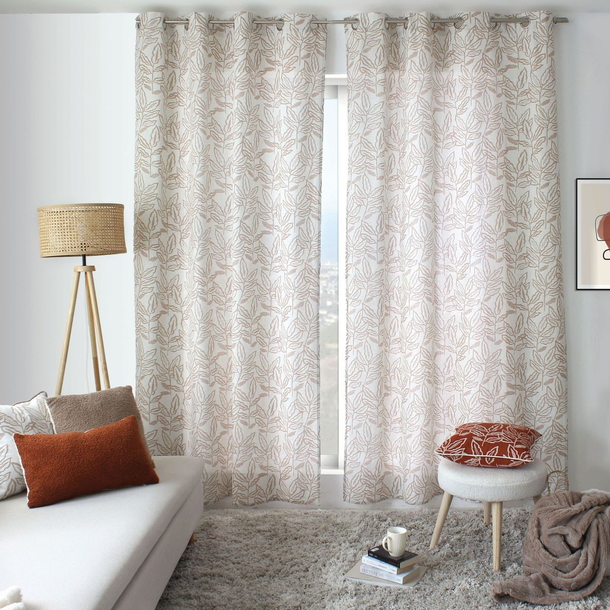 Rideau à oeillets tamisant Lodge écru 140x240 en tissu lavable