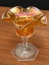 Antique Imperial Marigold Glass Compote, 5" Ruffled Dish Chevron Panel 1915-1925