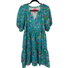 Lilly Pulitzer Dress Womens Medium Blue Pink Green Tiered Puff Sleeve Boho