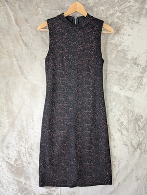 Solo Damen schwarz Glitzer Pailletten Kleid Größe 8 Stehkragen Party Abend Anlass
