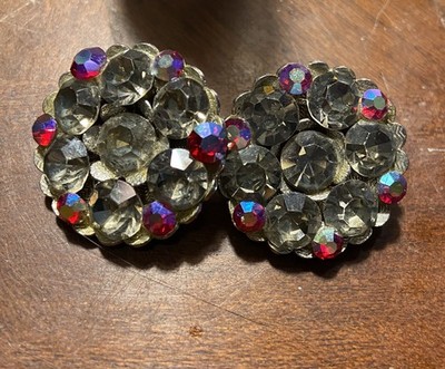 Smokey Gray And Red Aurora Borealis Vintage Earrings.