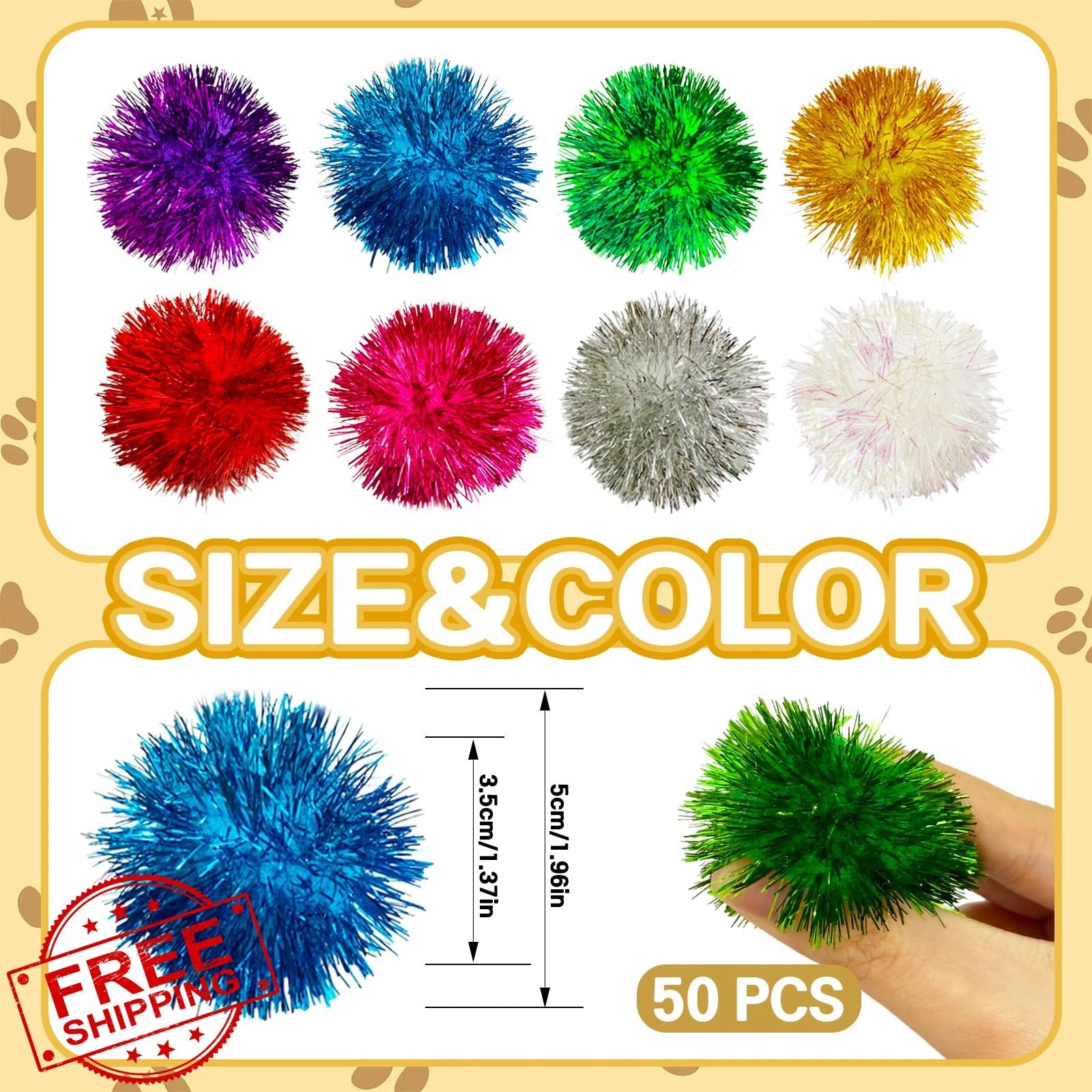 Eerrhhaq 50 Pcs Large Cat Pom Pom Balls 2" Assorted Glitter Toys
