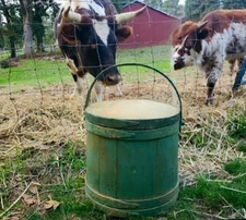 Antique Wood Firkin 15 inch Green ORIGINAL Early Paint Sugar Bucket Wooden Bands