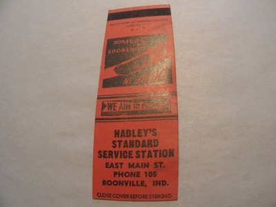 Hadley Standard Service Station Vintage Car Boonville Indiana Matchbook