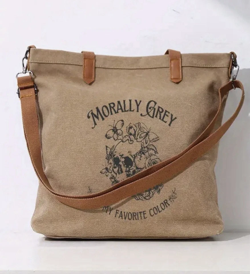 Bolsa tote moralmente cinza caveira lona linho aparência vintage bolsa tote-bolso traseiro 14o - Imagem 3 de 4