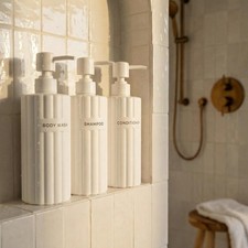 Stylish Shampoo  Conditioner Dispenser Set of 3 - Fluted 19oz Bottles Beige