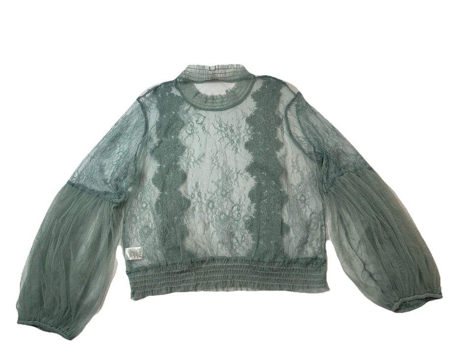 Peach Blouse Womens L Green Sheer Lace Long Sleeve Ruffle Trim Romantic Top - Image 2 of 4