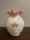 Fenton Vintage Rose Pink Roses Opaline Ivory Ruffled Vase Hand Painted A Sallee