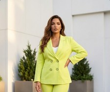 Yellow Double-Breast Collar Lined Big Buttons Blazer, Long Sleeve Cotton-Blend