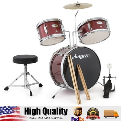3-Piece Kids Drum Set - 1 Wood/Metal Drums Complete Beginner Kit with Jazz Rock
