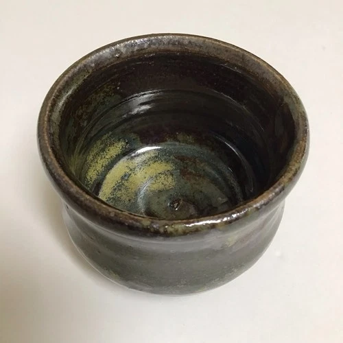 Studio Art Pottery Tea Bowl Sake Cup Handmade Green Glaze Brown Signed Vintage