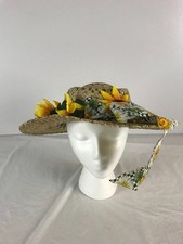 vintage Straw Sun Hat Sunflower Floral Trim Ribbon Garden Hat Wide Brim Woven