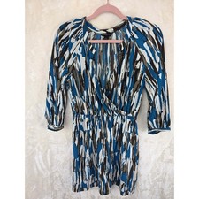 Banana Republic Blue Abstract Brushstroke Faux Wrap Dress Womens 2 Elastic Waist