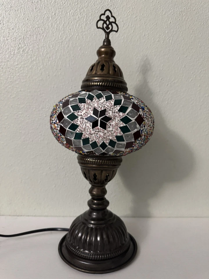 "Lámpara de mesa de mosaico turco 15"" colorido globo de vidrio bronce decoración boho" Foto 3 de 4