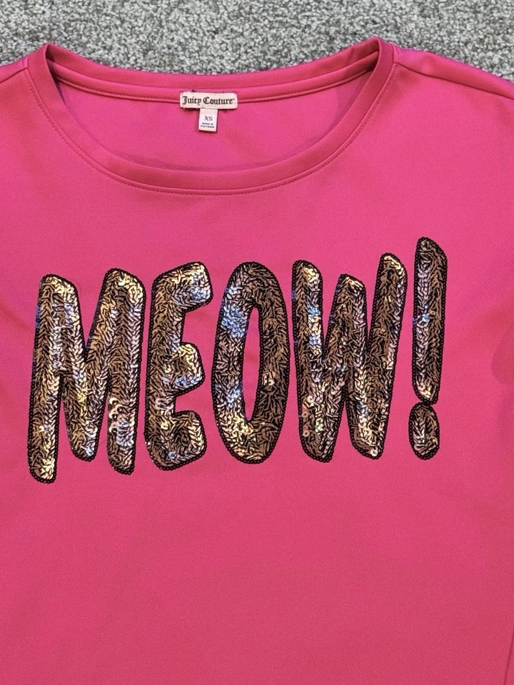 VTG Y2K Juicy Couture Hot pink Meow Comic Sequin Scuba Crewneck Sweatshirt Sz XS - Image 2 of 4
