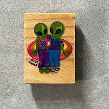 Sello de goma montado en madera vintage Lisa Frank Zoomer & Zorbit Aliens RARO