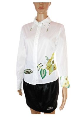 Jones Damen Vintage 80er Jahre Freizeit weiß Langarm Blumenverzierung Shirt Gr. M AB67