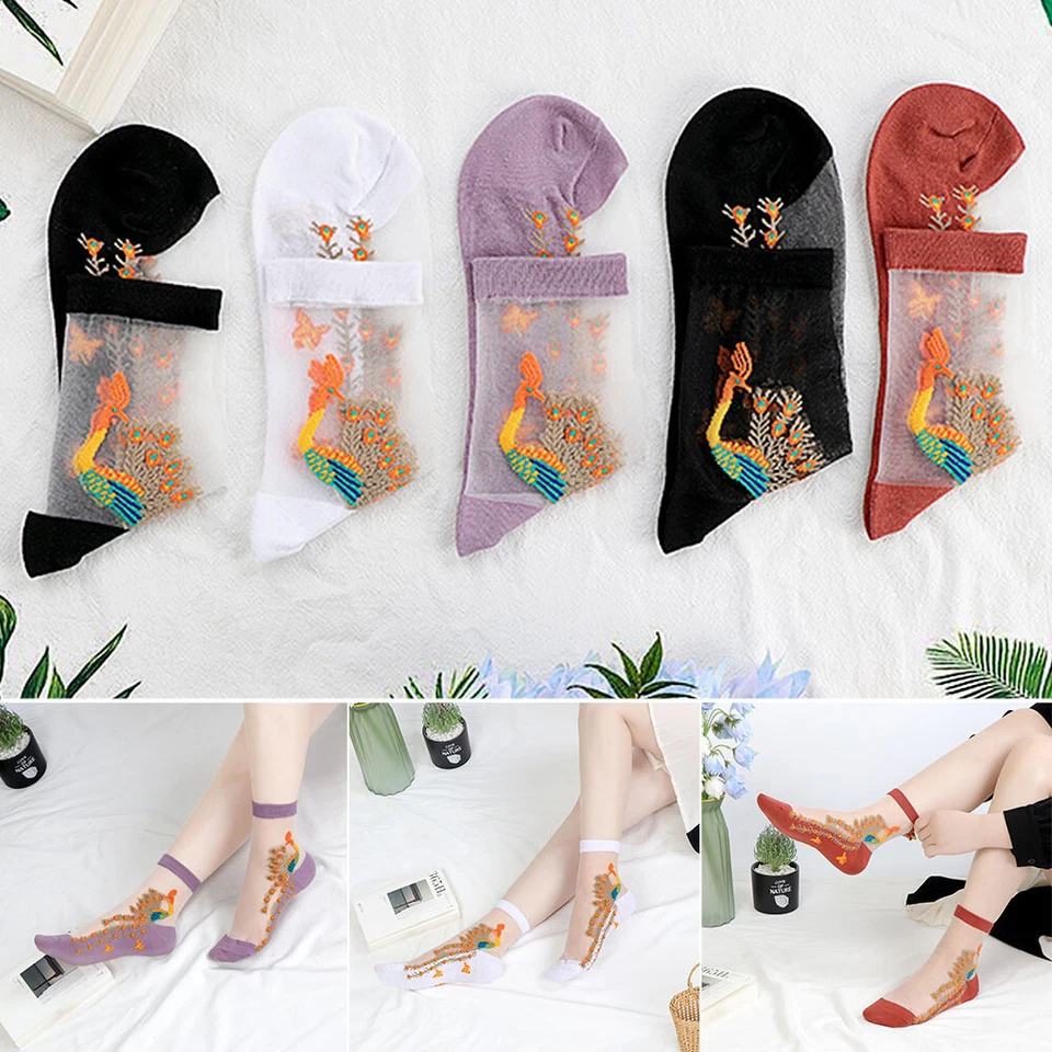 女士透明花朵花边袜水晶丝绸短踝薄袜6双 — 第 3/4 张图片