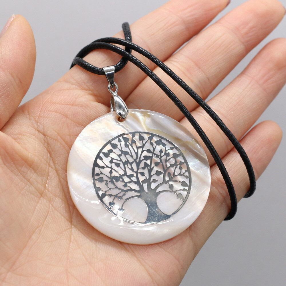 Mother of Pearl Necklace TREE OF LIFE Natural Round Shell Pendant