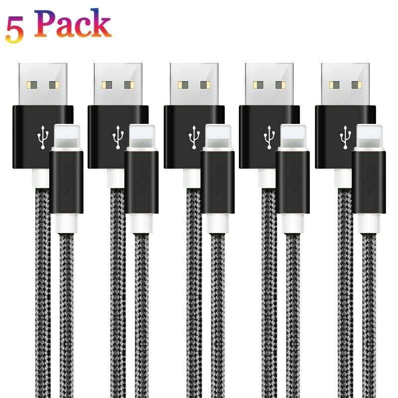 5 Pack 10ft Charger Cable Heavy Duty For iPhone 13 12 11 X XR 8 7 Charging Cord