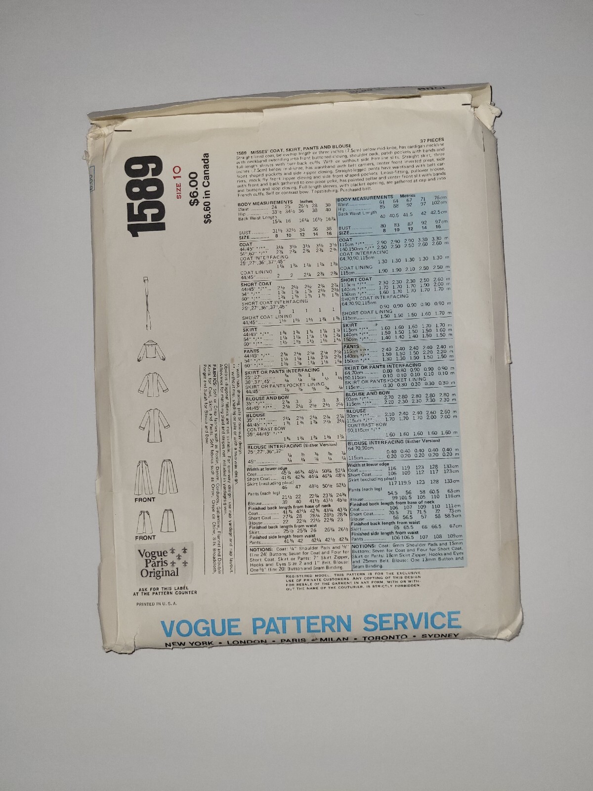 Camicia vintage non tagliata Vogue Paris Yves Saint Laurent 303 taglia 10 cappotto