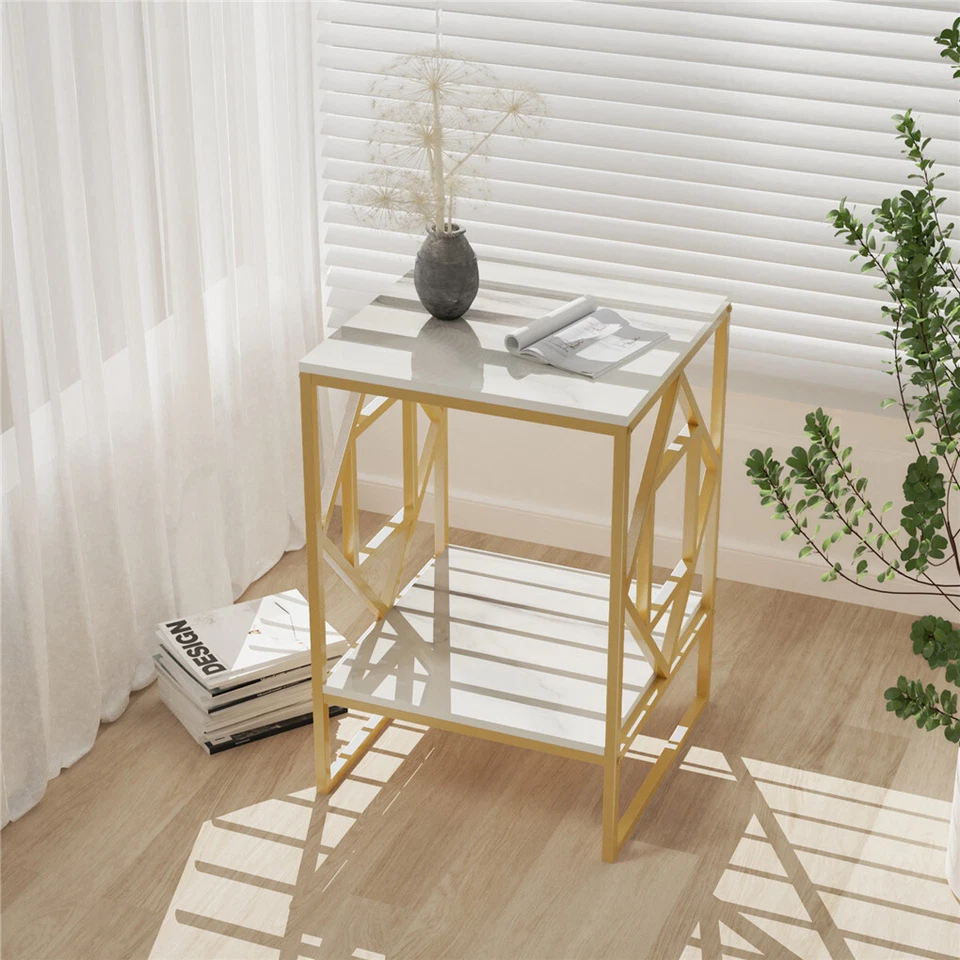 Modern Geometry Metal Base Accent Table Marble Top End Snack Side Table 2 Tiers - Image 4 of 4