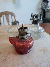 Vtg Glass Oil Lamp Lot Of 3 Ruby Red Clear Ornate Made In China Hong Kong