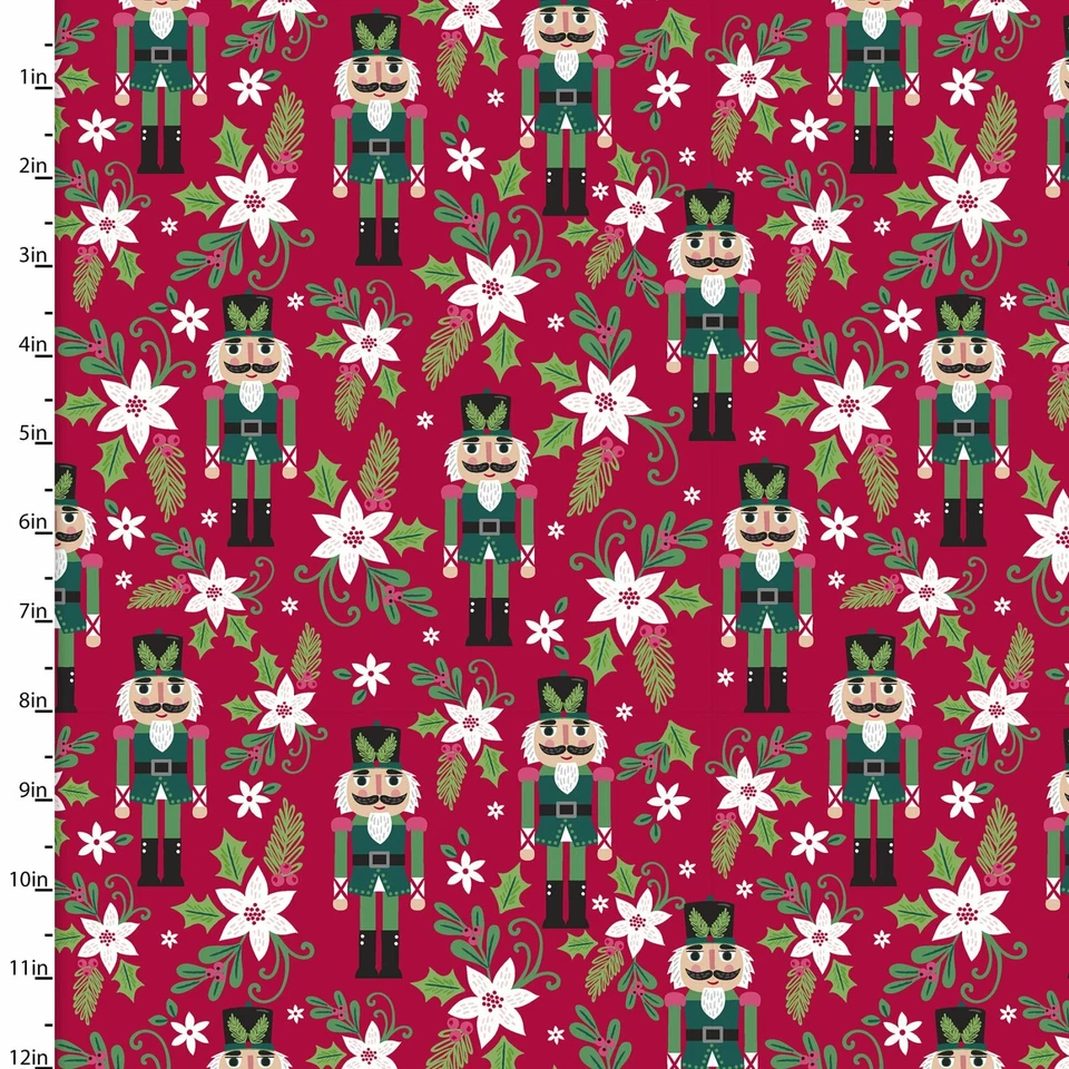 Christmas Fabric | 3 Wishes Holiday Wonder Red Nutcracker & Poinsettia YARD