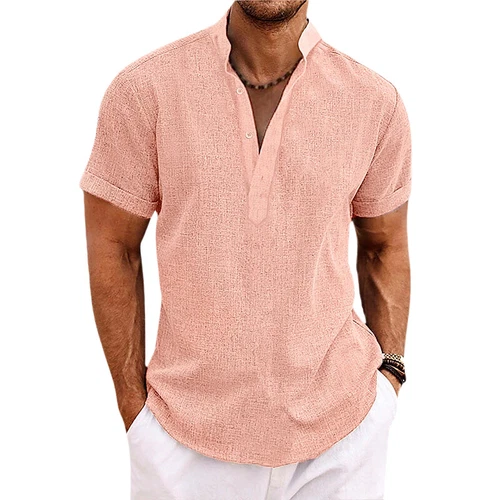 Mens Linen Shirts Summer Short Sleeve Tops V Neck Loose Casual Button Blouse ## - Picture 13 of 55