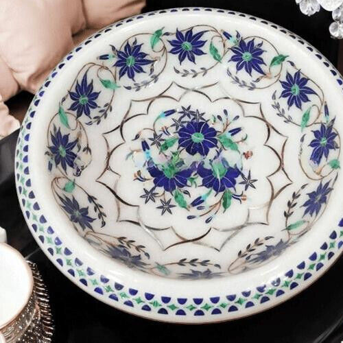 7" White Marble Dry Fruit Bowl with Lapis Lazuli Inlay Elegant Handmade Gift Dec - Picture 5 of 9